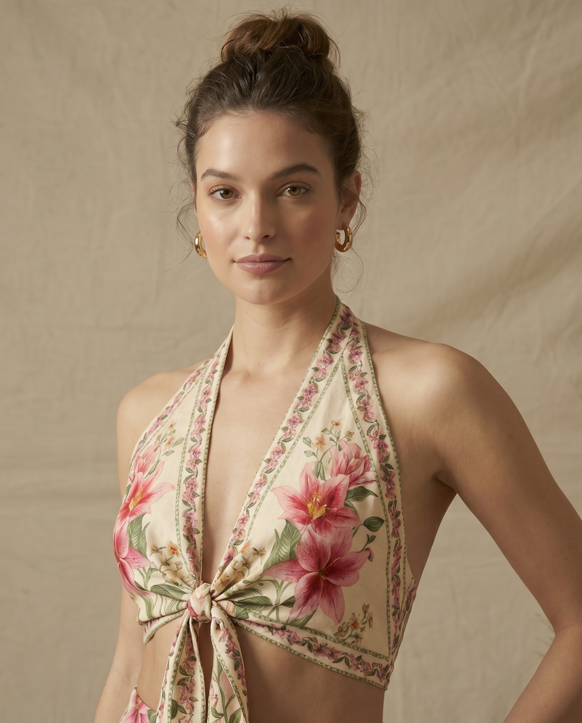 SMR Floral Knotted Top - Beige